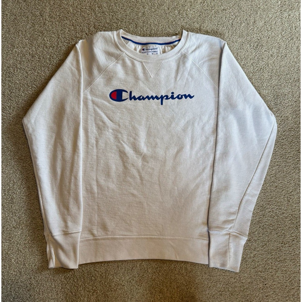 Champion Authentic Athleticwear Men's White Logo Fleece Crewneck Sweatshirt M